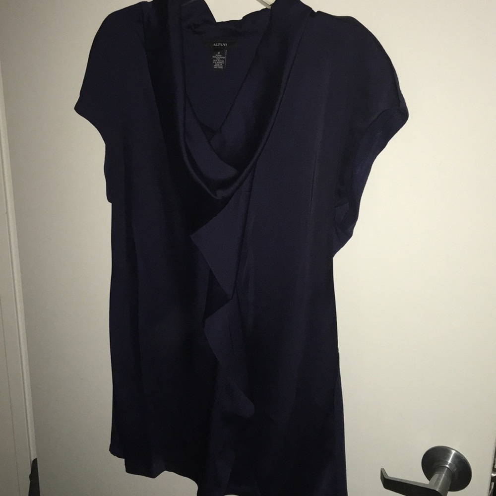 Alfani Blue w/ruffle in front with open neck.